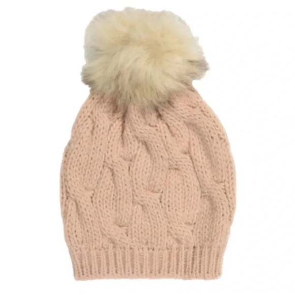 Gelso Bianco Made In Italy Braided Beanie With Faux Fur Pom Pom NWT